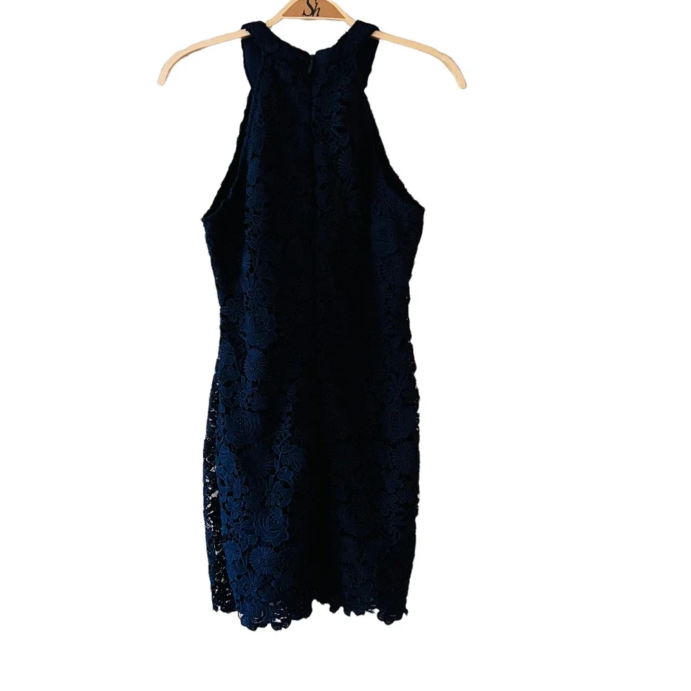 Lulus Lace Dress Size Large Love Poem Sheath High Neck  Sleeveless Navy - Picture 4 of 12
